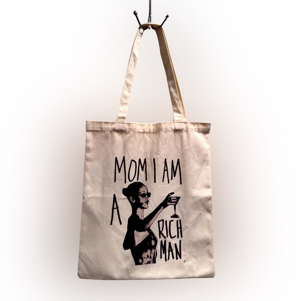 Empowering Funky large Canvas tote “Mom I Am A Rich Man” cream tote bag
